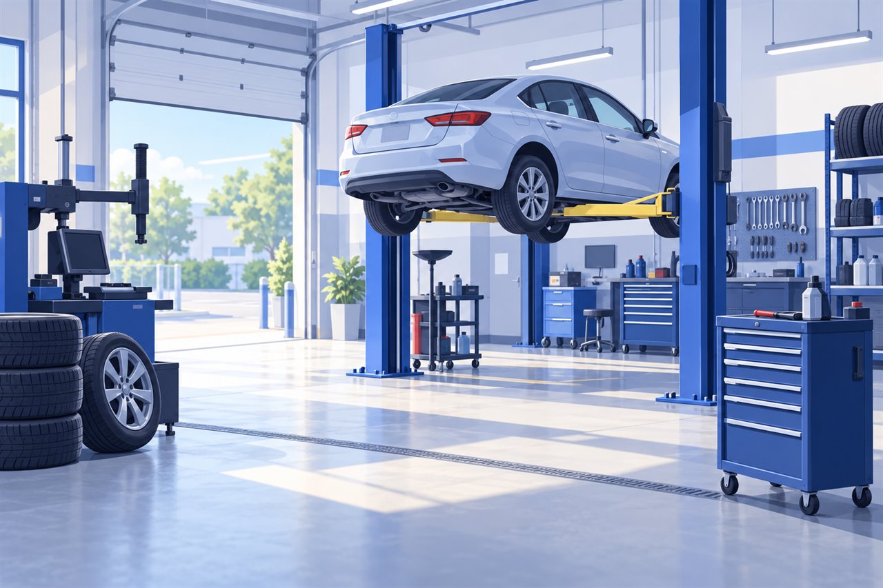 A clean automotive repair shop with a vehicle on a lift and service equipment nearby
