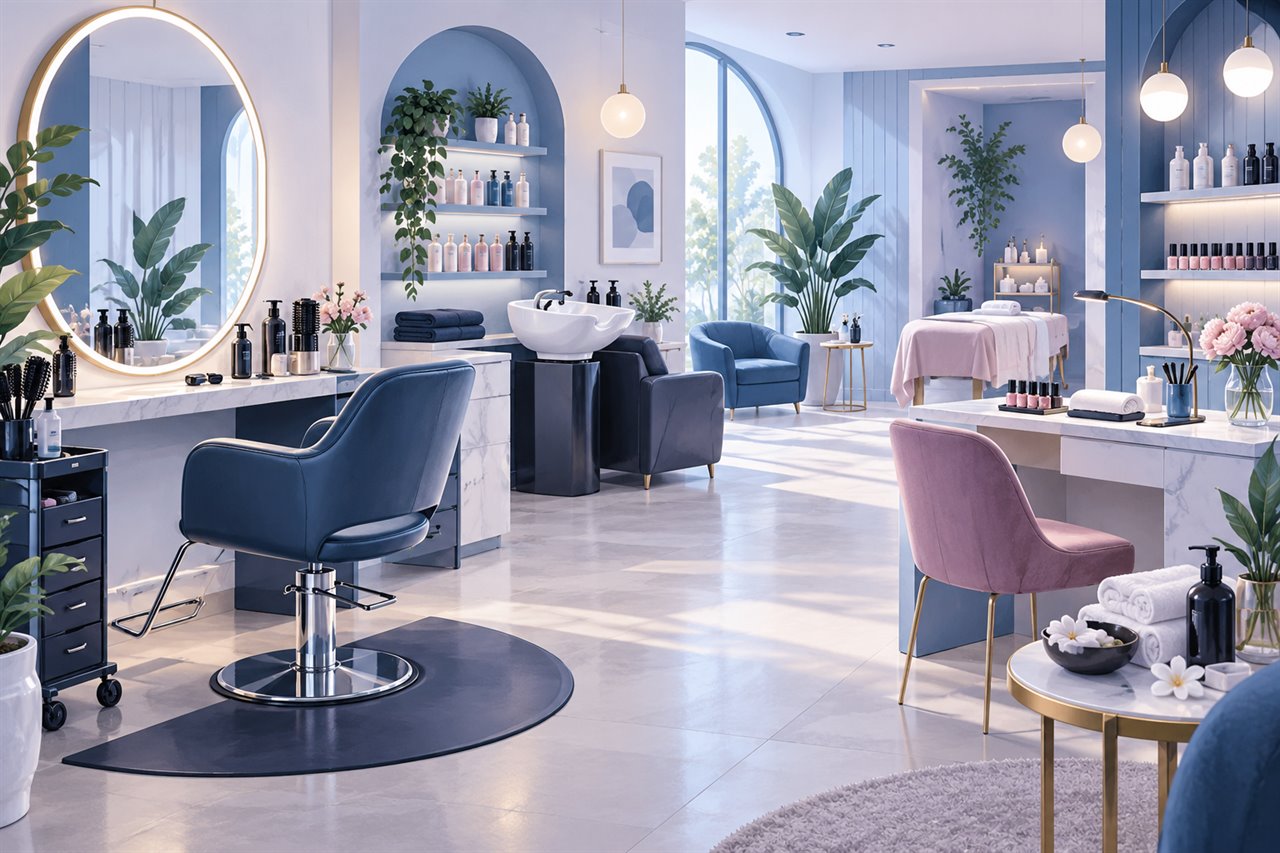A modern salon with styling stations, wash areas and a spa treatment space