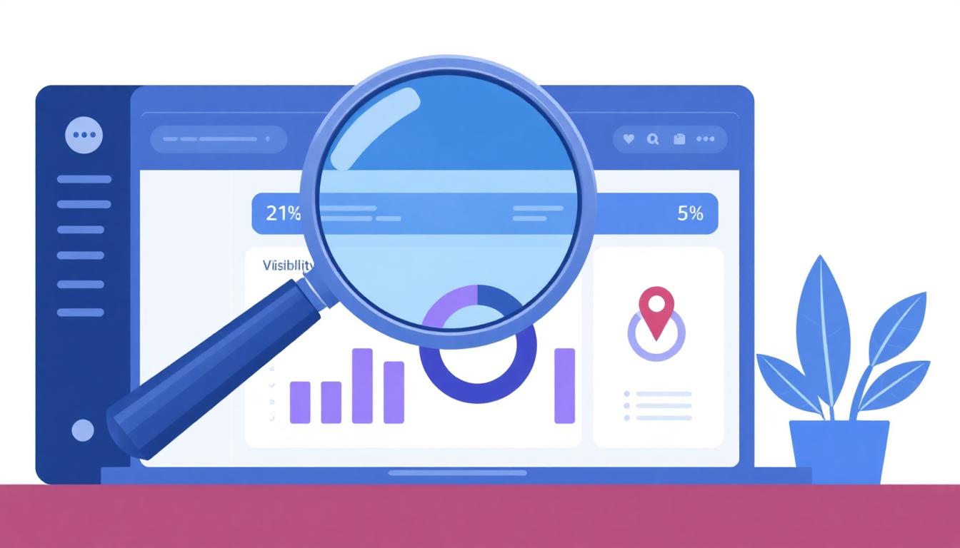 Illustration of a magnifying glass reviewing an AI search visibility dashboard