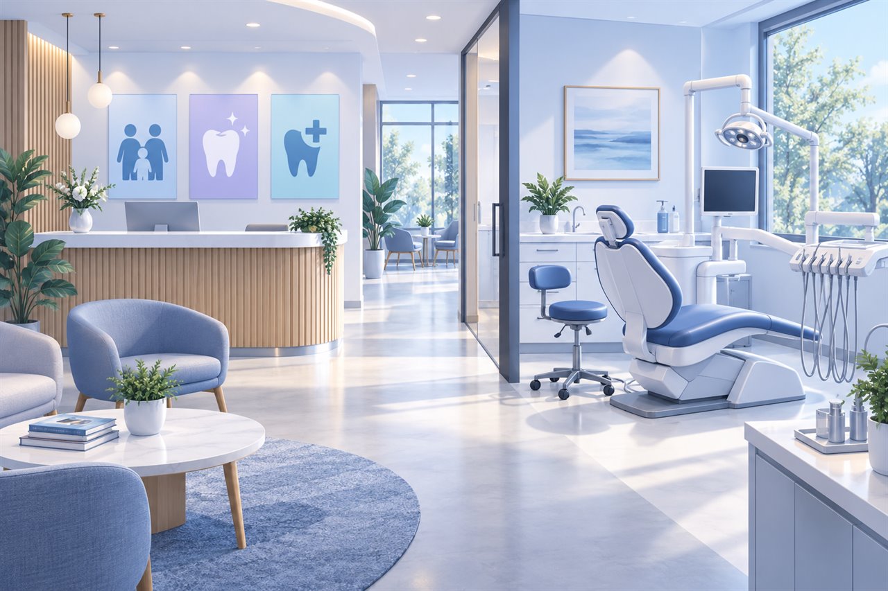 A modern dental practice with a reception area and a bright treatment room