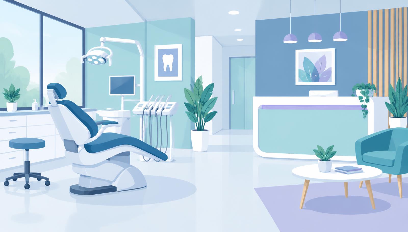 Flat illustration of a dental clinic interior representing AI search visibility for dental and healthcare practices
