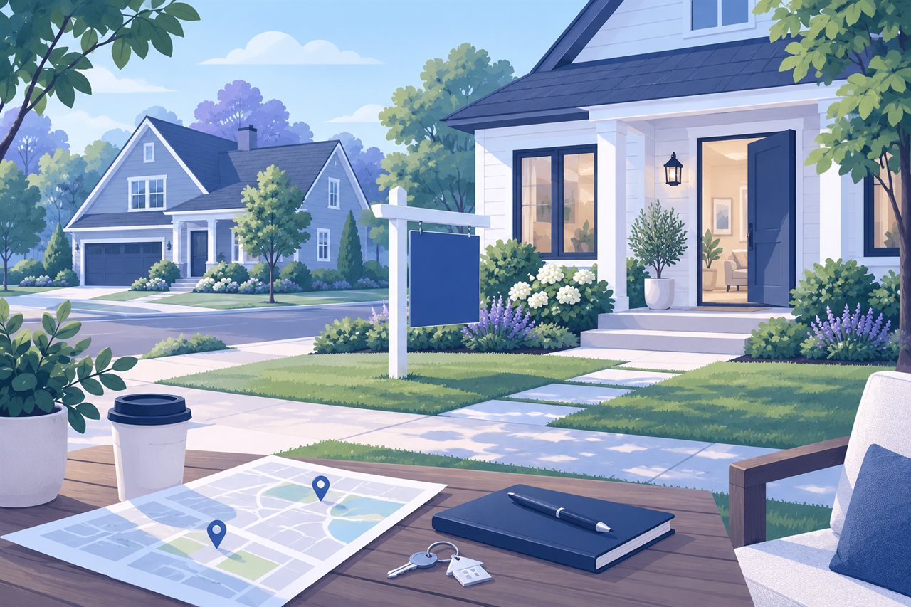 A residential property showing with a neighborhood map, keys and an unbranded sale sign