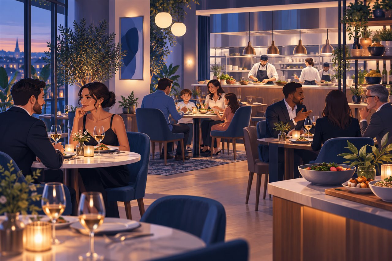 A lively restaurant dining room serving couples, families and business guests in the evening